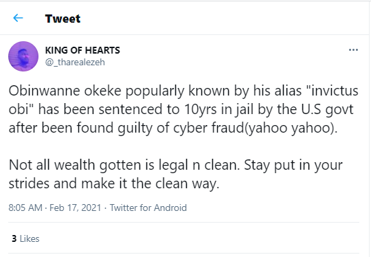 The painful thing is that he was giving motivational speeches to people struggling to make it legally - Nigerians react as Invictus Obi gets 10-year jail term for fraud in U.S.