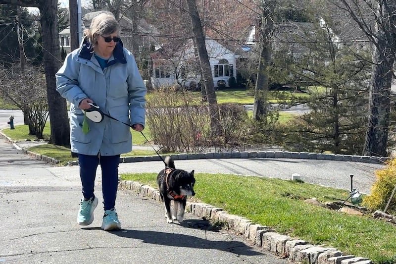 Retiree Barbara Baratta walks a dog, Duncan, in Short Hills, N.J. on March 17, 2026. 