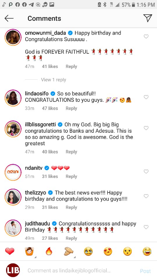 Ebuka, Toke Makinwa, Mo Abudu, others congratulate Banky W and Adesua Etomi on the birth of their first child