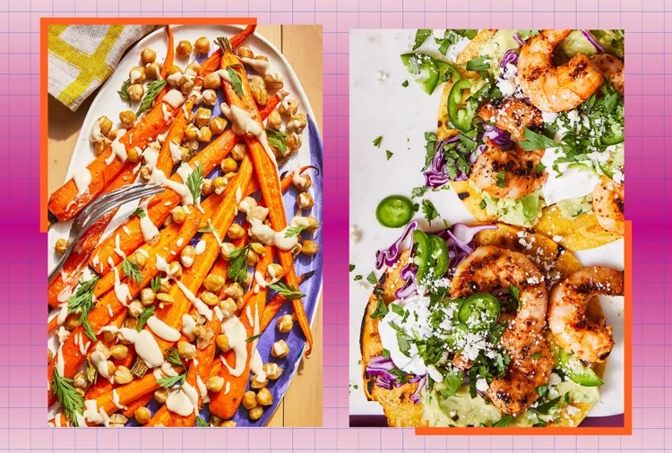 A plate of roasted carrots with chickpeas and herbs and tacos with shrimp and vegetables on a grid background