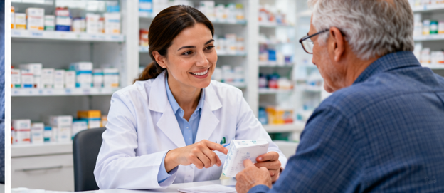 pharmacist sitting with customer talking about medication