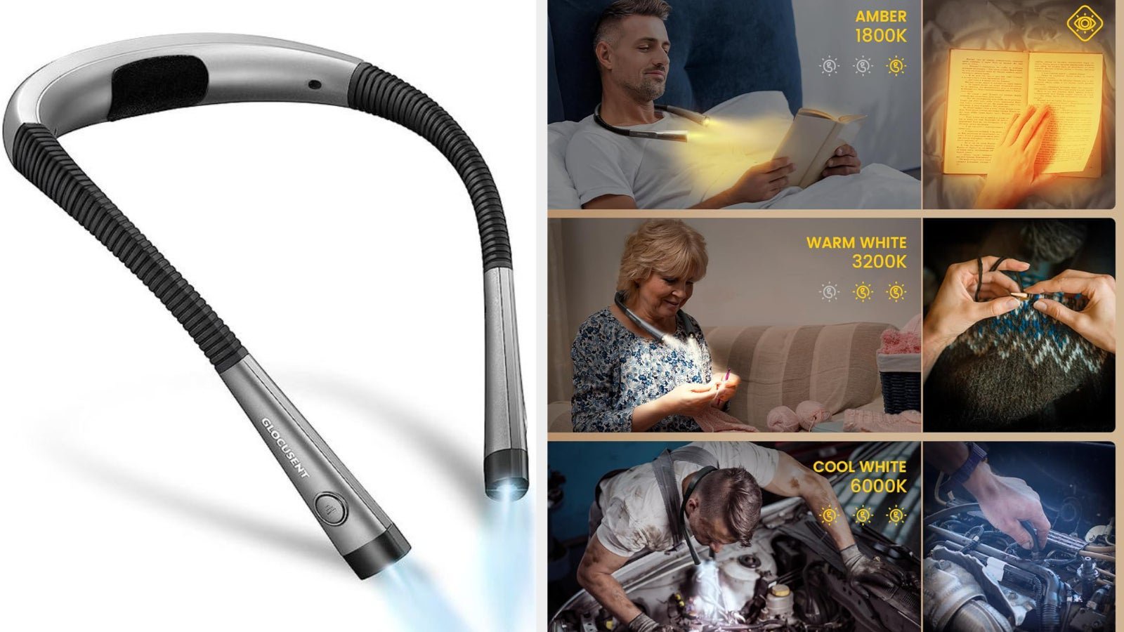 Flexible neck reading light with 3 color temperatures: amber for reading, warm white for knitting, and cool white for auto repair