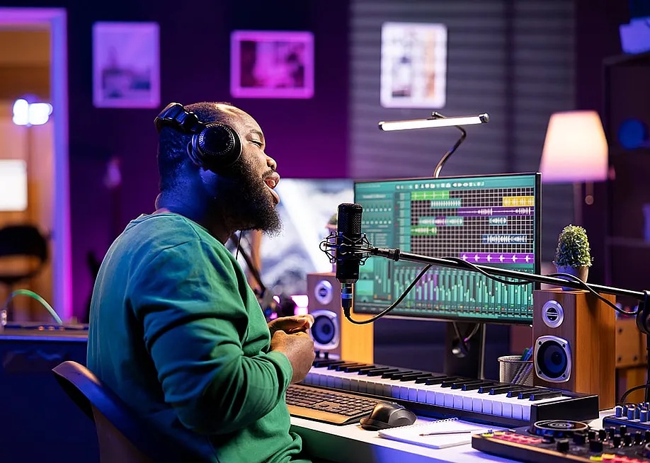 A male musician recording a new song on microphone in home studio. — DC Studio // Shutterstock