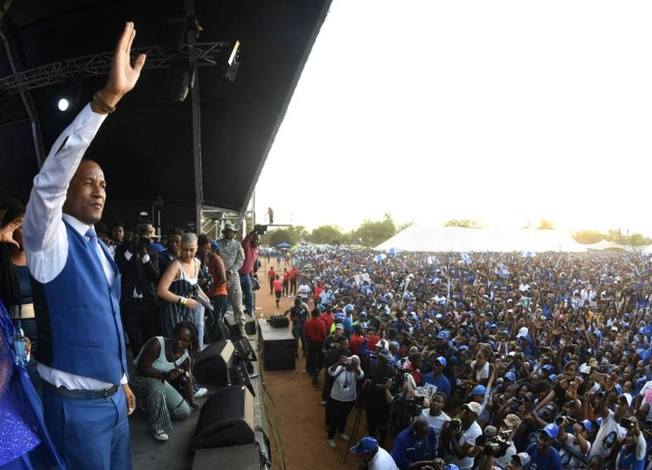 UDC leader Boko Duma greets supporters at a rally in the capital Gaborone as it seeks to unseat the historic ruling BDP party