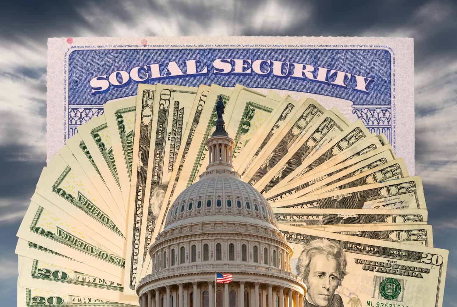 A composite image showing the dome of the U.S. Capitol Building in the foreground, partially obscuring a fan of U.S. twenty-dollar bills. Behind the money, a blue and white Social Security document is visible, with the words 'SOCIAL SECURITY' prominently displayed. The background is a dark, cloudy sky.