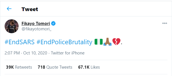 Chelsea footballers join the #EndSARS campaign against police brutality in Nigeria