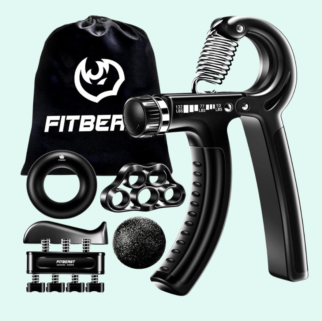 Hand grip strengthener set with adjustable tension, resistance bands, and foam ball by FitBeast. Comes with a carry bag. Ideal for workouts