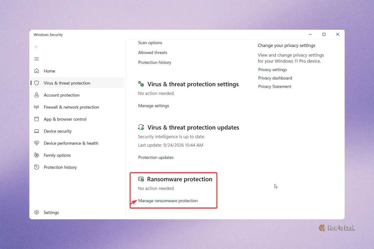 Manage Ransomware Protection option in Windows Security settings.