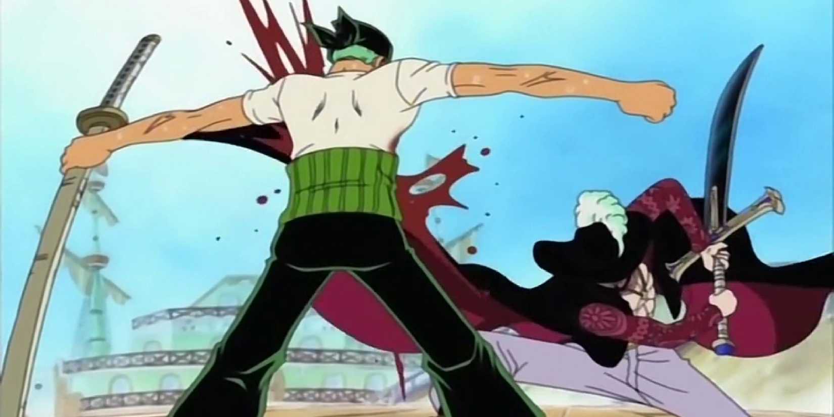 Zoro and Mihawk duel with swords from the Baratie Arc of One Piece.
