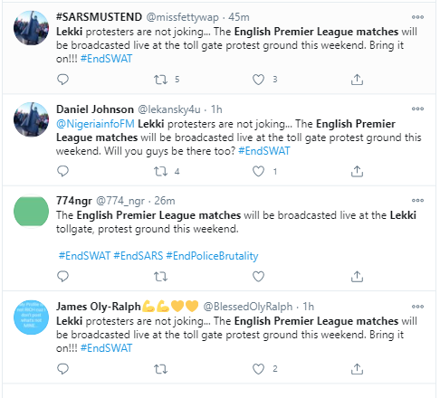 EndSARS protesters to watch all English Premier League matches at Lekki toll gate this weekend
