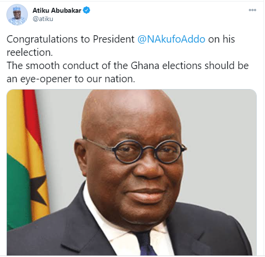 Ghana election should be ?eye-opener? for Nigeria ? Atiku Abubakar says as he congratulates President Nana Akufo-Addo on his re-election
