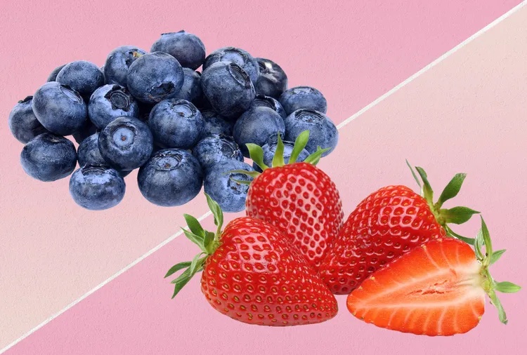 Blueberries on the left and strawberries on the right divided diagonally