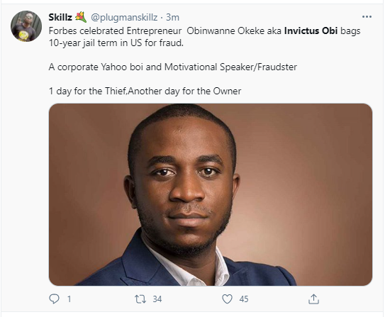 The painful thing is that he was giving motivational speeches to people struggling to make it legally - Nigerians react as Invictus Obi gets 10-year jail term for fraud in U.S.