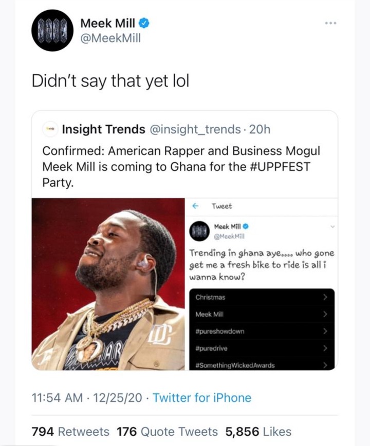 American Rapper, Meek Mill Debunks Claims He Is Coming To Ghana Soon