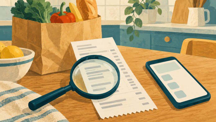 AI-generated illustration of a magnifying glass over a grocery receipt beside a shopping bag and phone.