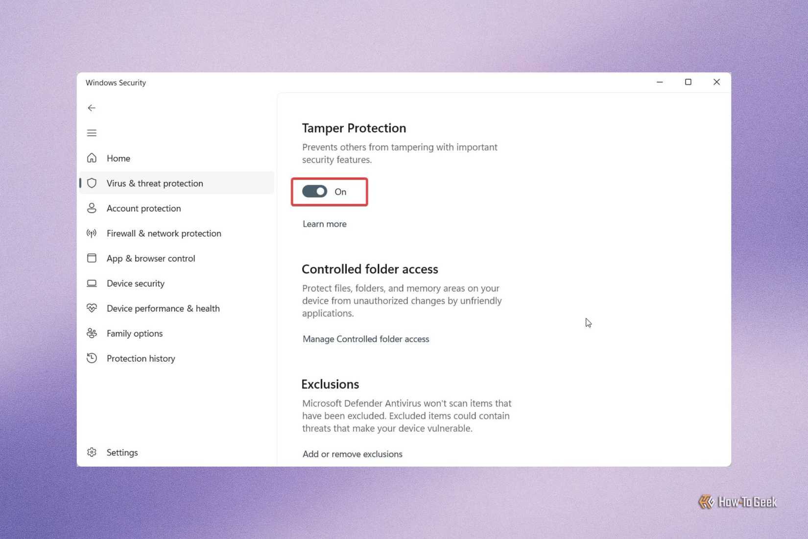 Enabling the Tamper Protection feature in Windows 11.