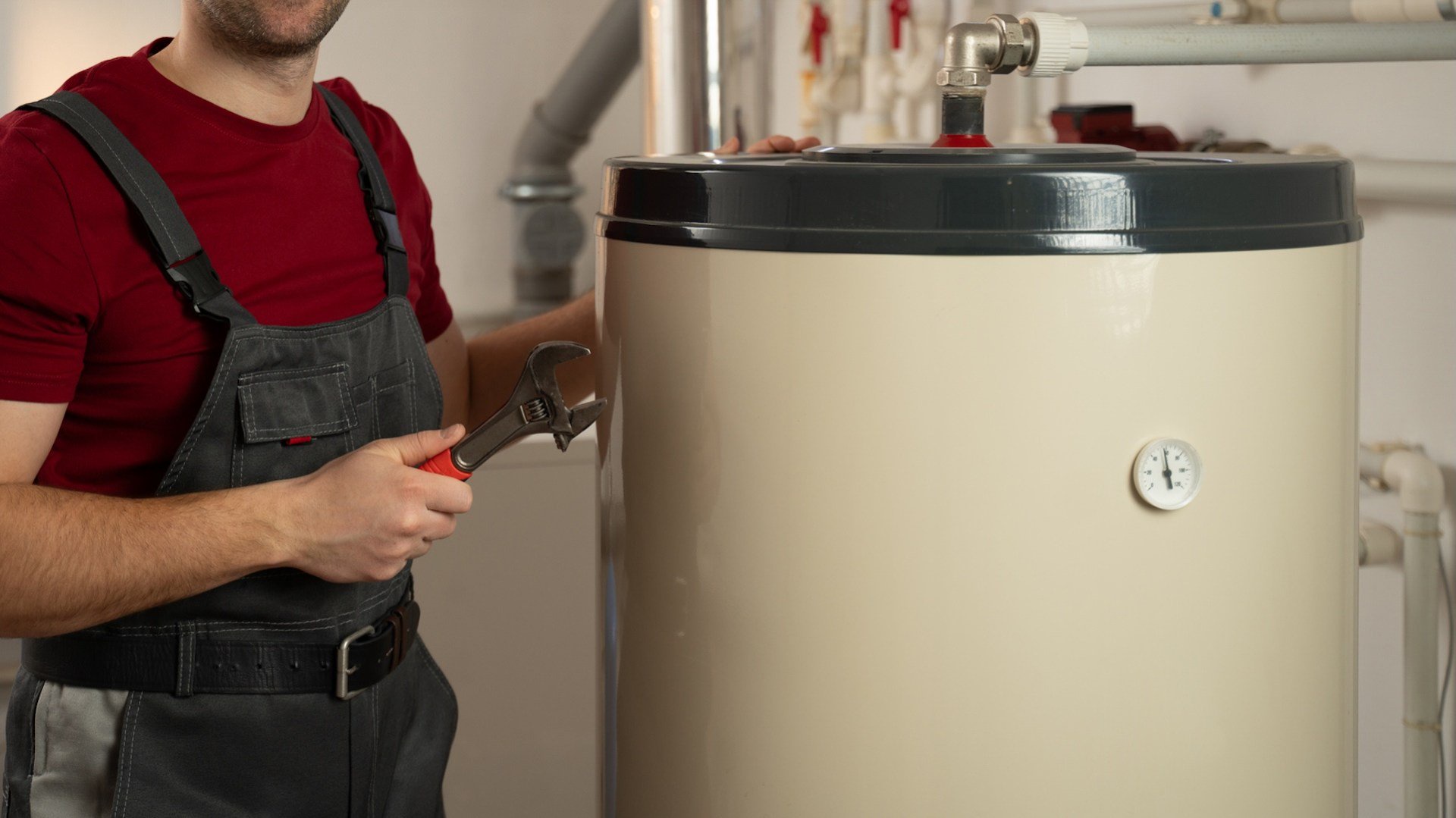 A person holds a wrench next to a water heater in a mechanical setting.