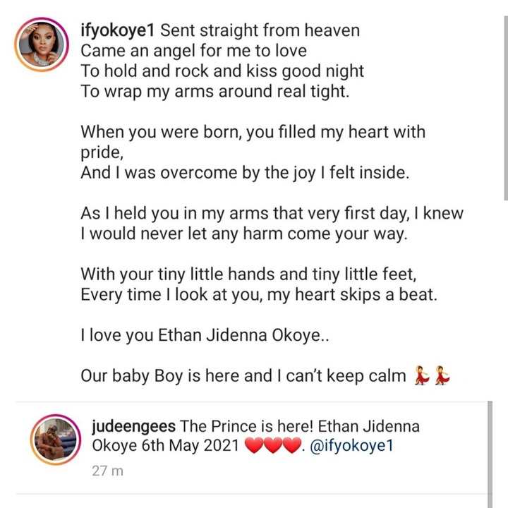 Jude Okoye, and his wife, Ifeoma Michelle Okoye have welcomed their first son named Ethan.