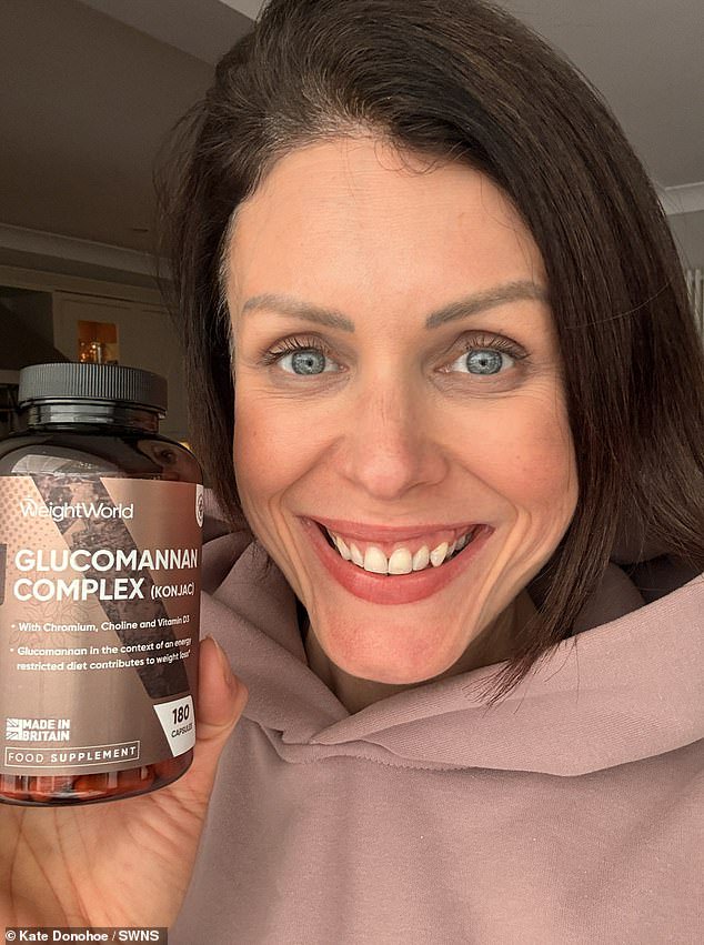 Kate said: 'I keep a massive tub of glucomannan in the cupboard to take whenever I find it hard to keep on track with my meal plan'