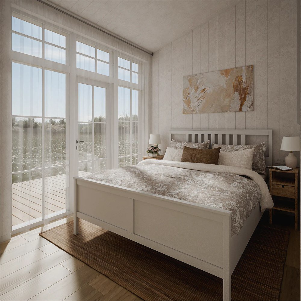 Illustrated main bedroom and terrace doors
