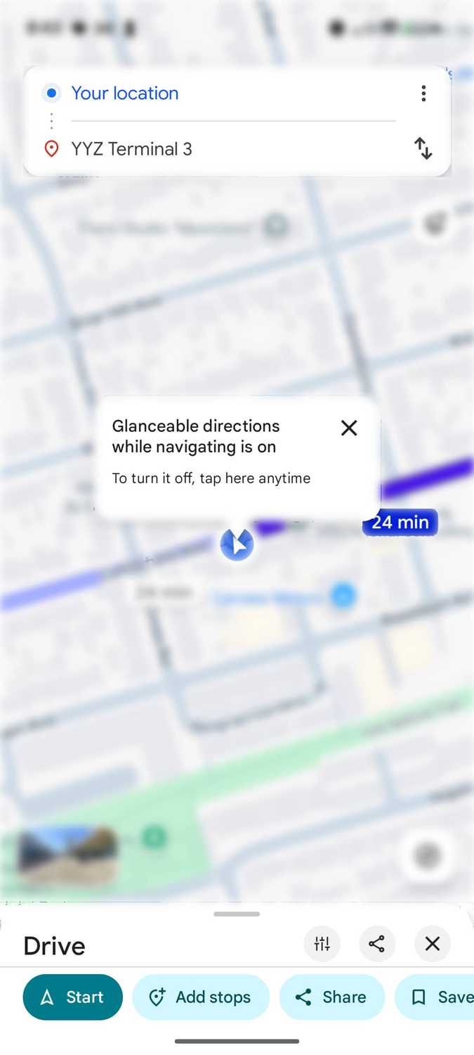 Google Maps on Pixel showing glanceable directions alert