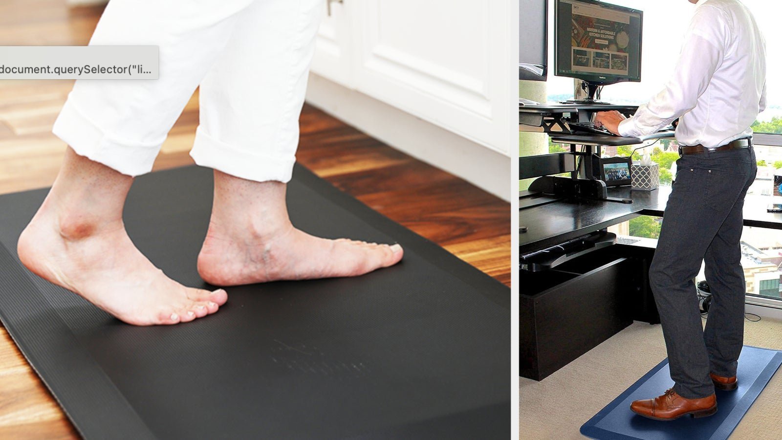 Left: Barefoot person stands on an anti-fatigue mat in a kitchen. Right: Person at a standing desk using a similar mat, suggesting comfort while working
