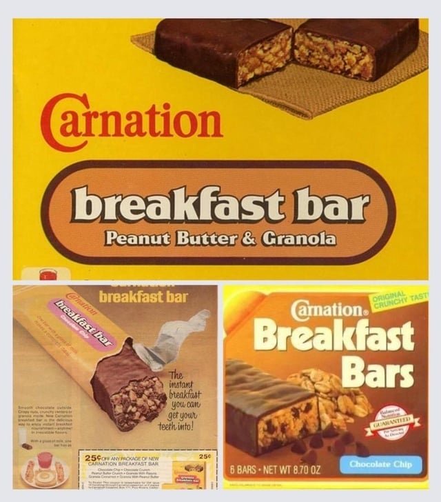 Vintage ads for Carnation breakfast bars featuring peanut butter and granola flavors