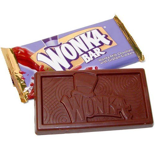 Wonka Bar with milk chocolate and graham crackers, unwrapped with its packaging visible.
