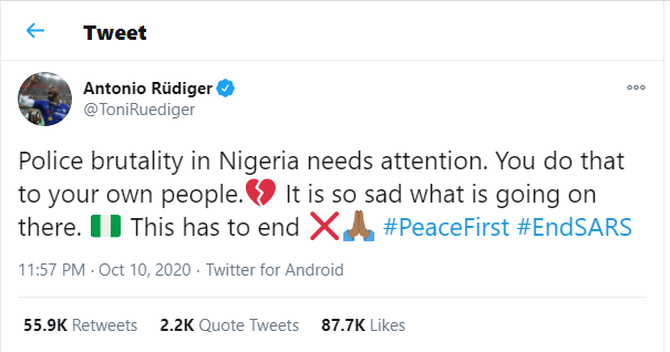 Chelsea footballers join the #EndSARS campaign against police brutality in Nigeria