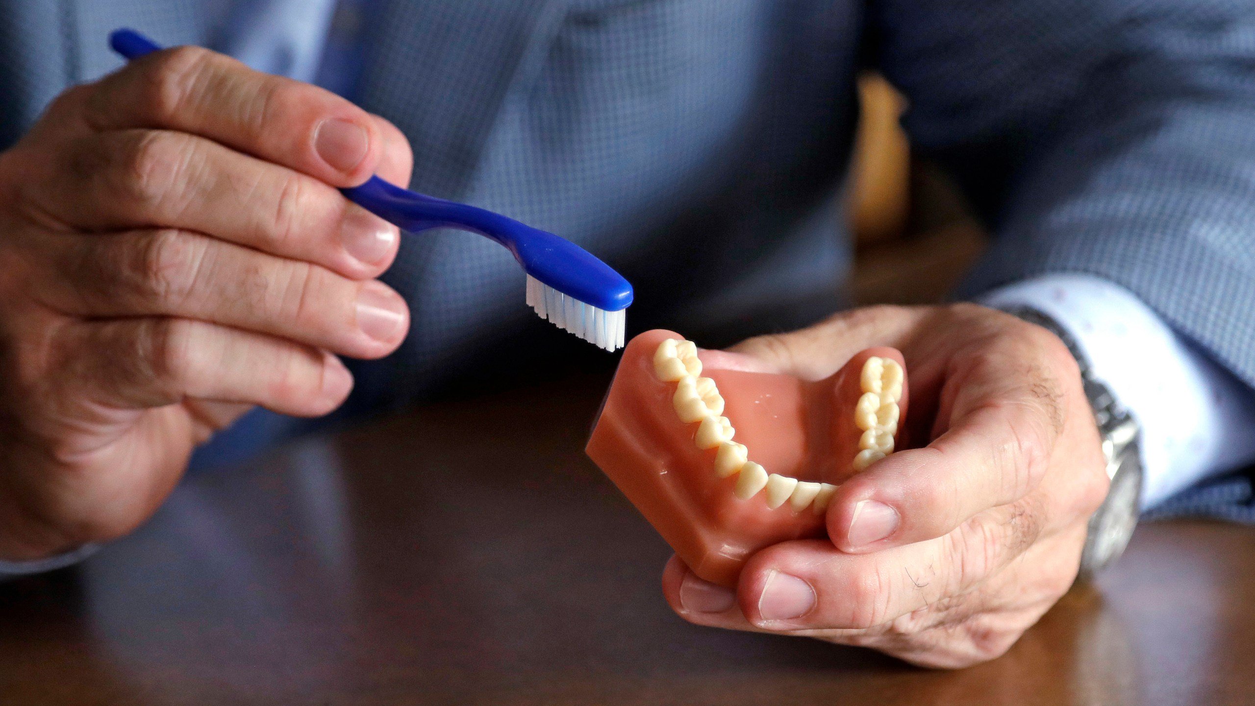 FILE - A dentist holds a model of teeth and a toothbrush at the University of Washington in Seattle on Aug. 3, 2018. (AP Photo/Elaine Thompson, File)