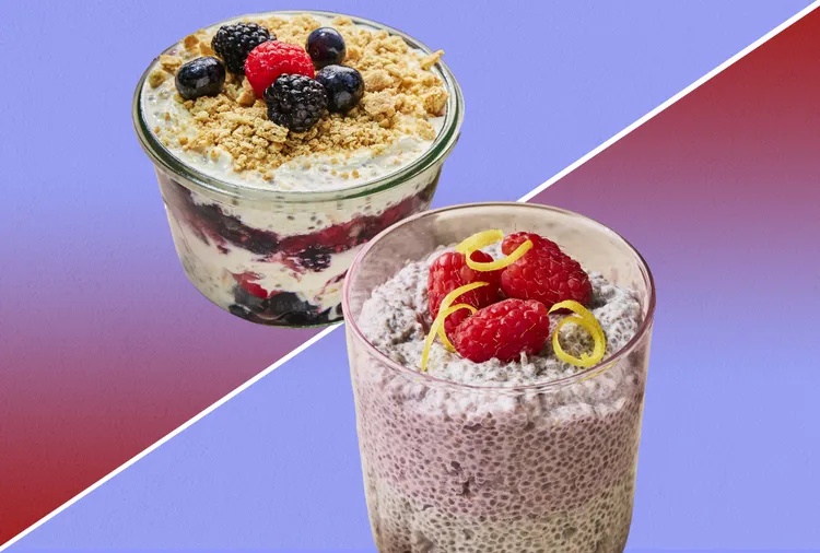 Two jars containing different types of breakfast foods one with oats and berries the other with chia pudding and garnishes against a twotoned background