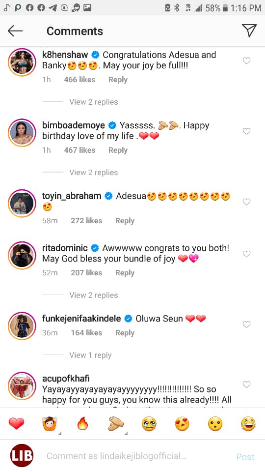 Ebuka, Toke Makinwa, Mo Abudu, others congratulate Banky W and Adesua Etomi on the birth of their first child