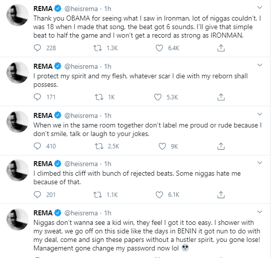 Singer, Rema goes on lengthy Twitter rant