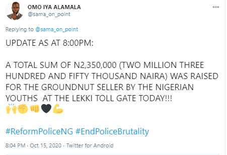 #EndSARS: Nigerian youths protesting at Lekki toll gate reportedly raise over N2Million for a groundnut seller at the protest ground (Photos)