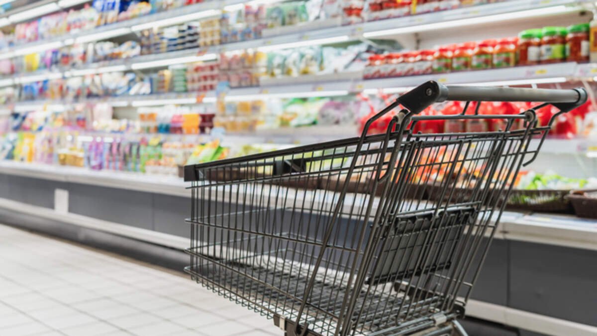 Photo of shopping cart in grocery store.