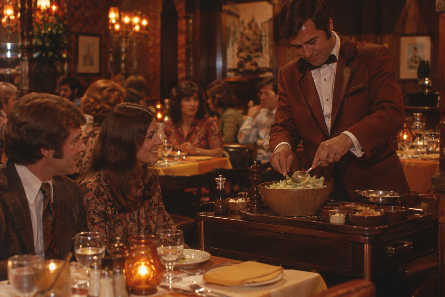 A waiter in a brown tuxedo prepares a salad table-side for a smiling couple in a dimly lit, elegant restaurant filled with diners and warm lighting.