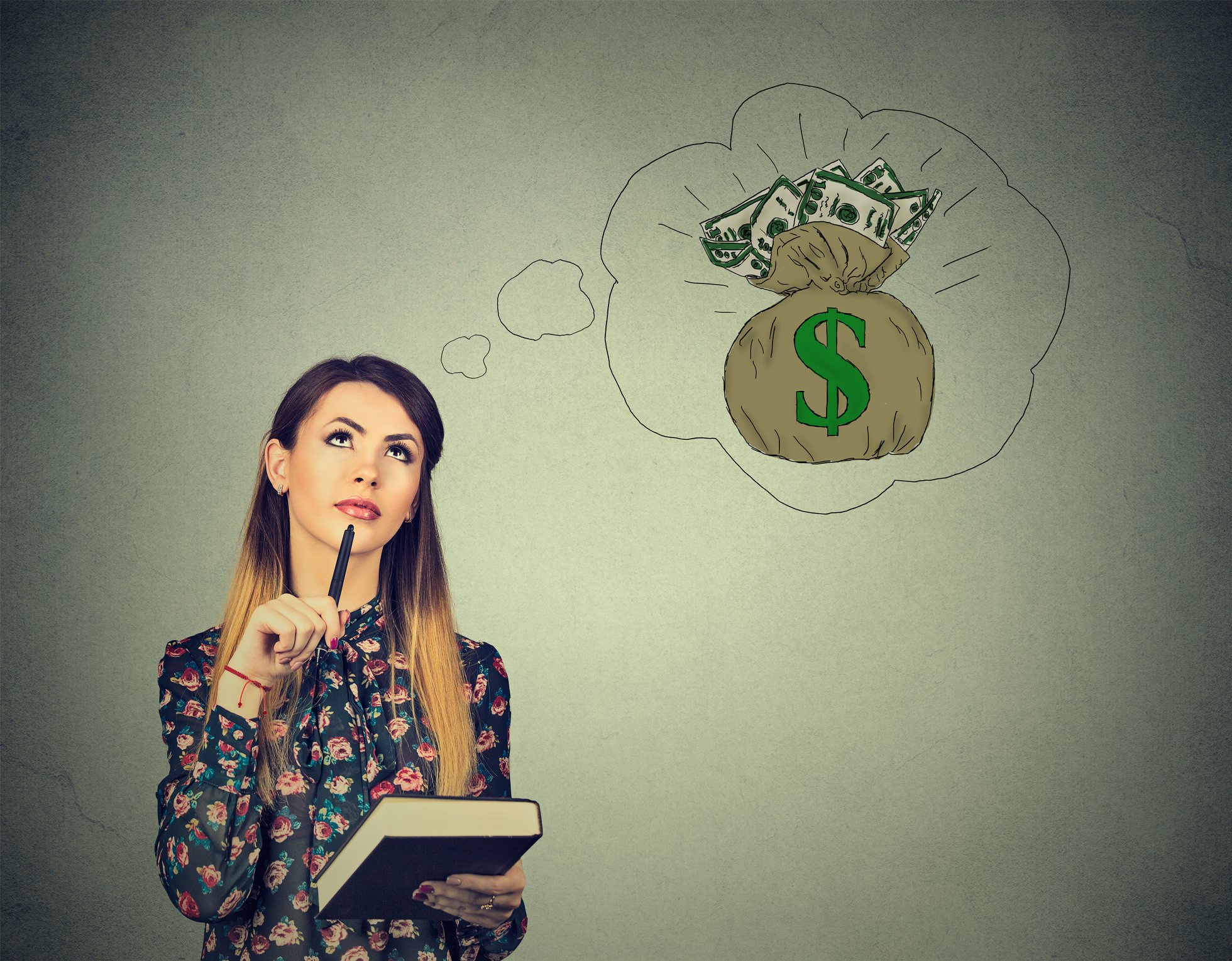 Person holding a pen and book while pondering a money bag as a thought bubble.
