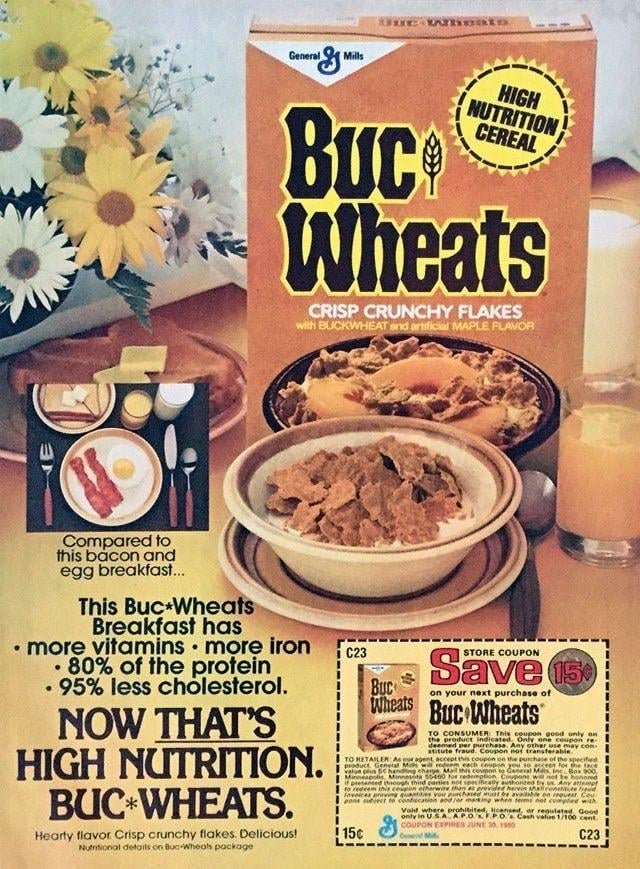 Vintage Buc Wheats cereal ad highlights nutrition benefits, includes a Bacon and Egg breakfast comparison, and features a coupon for savings