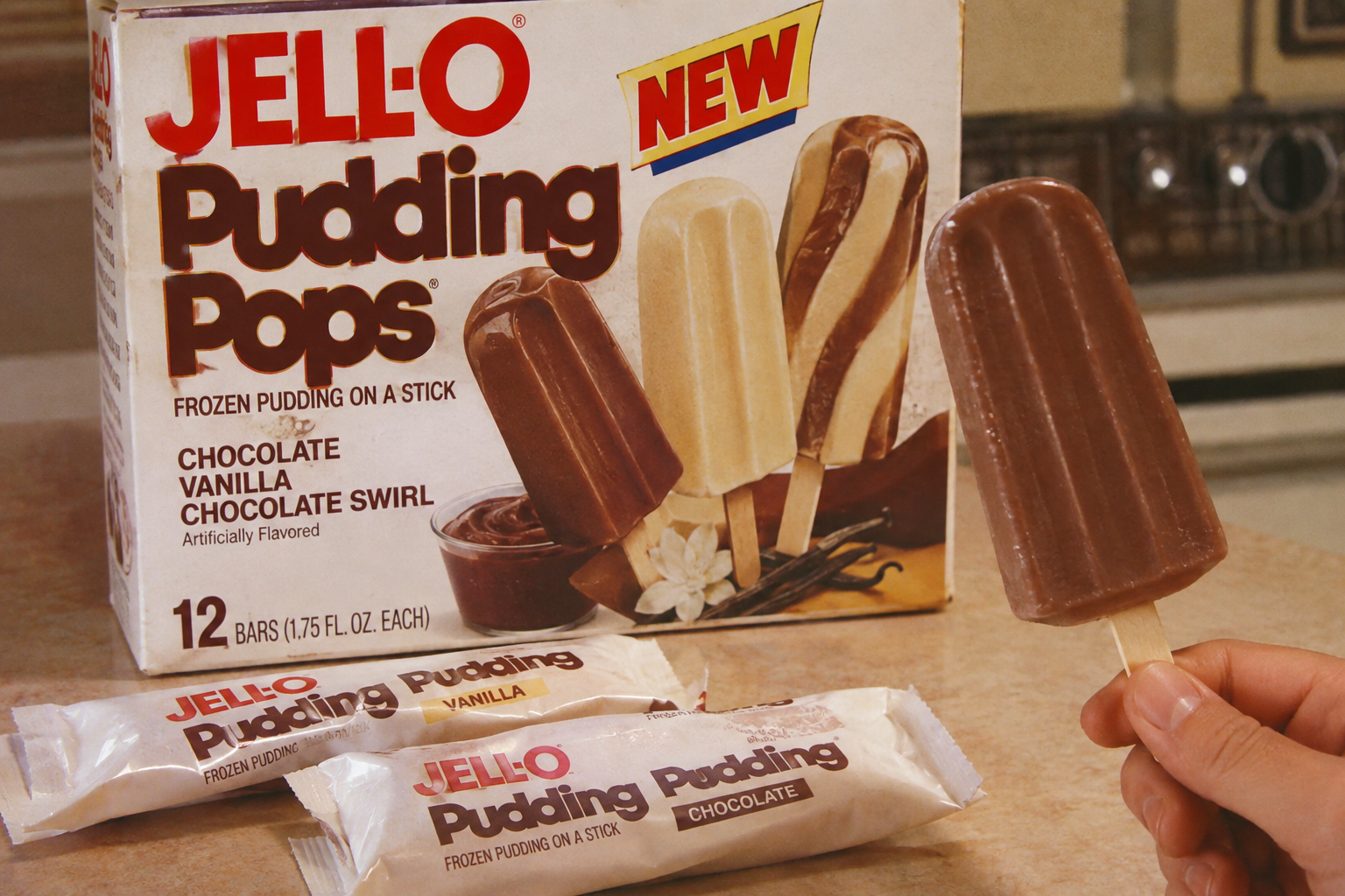 A hand holds a chocolate JELL-O Pudding Pop in front of an open box and two unopened Pudding Pops on a kitchen counter.