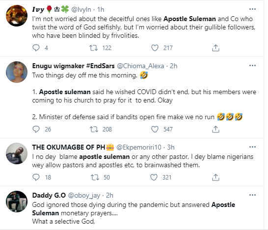 Christianity has reduced the national IQ of Nigerians by many points - Nigerians react after Apostle Suleman revealed he bought his 3rd jet during the pandemic and was praying for Covid not to end