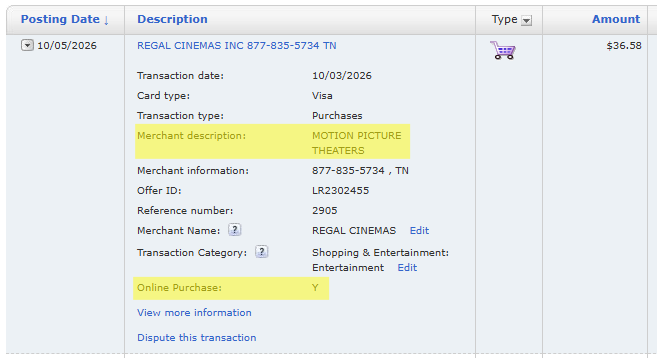 BofA transaction details for $36.58 in Regal concessions, showing “MOTION PICTURE THEATERS” and “Online Purchase: Y.”