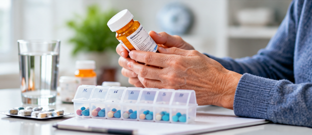 close up of elderly man holding medication bottle in his hand with pill container on table