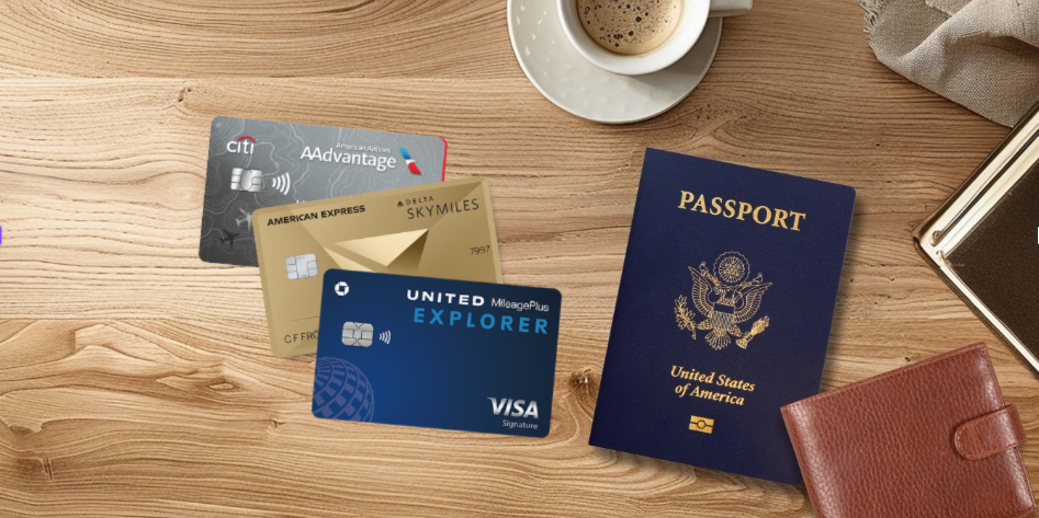 Airline credit cards (American, Delta, and United) with a passport, cup of coffee, and wallet, on a wood table. 