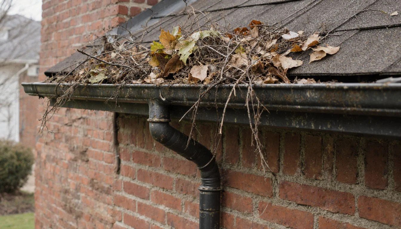 Clogged rain gutter on a neglected brick house in autumn.