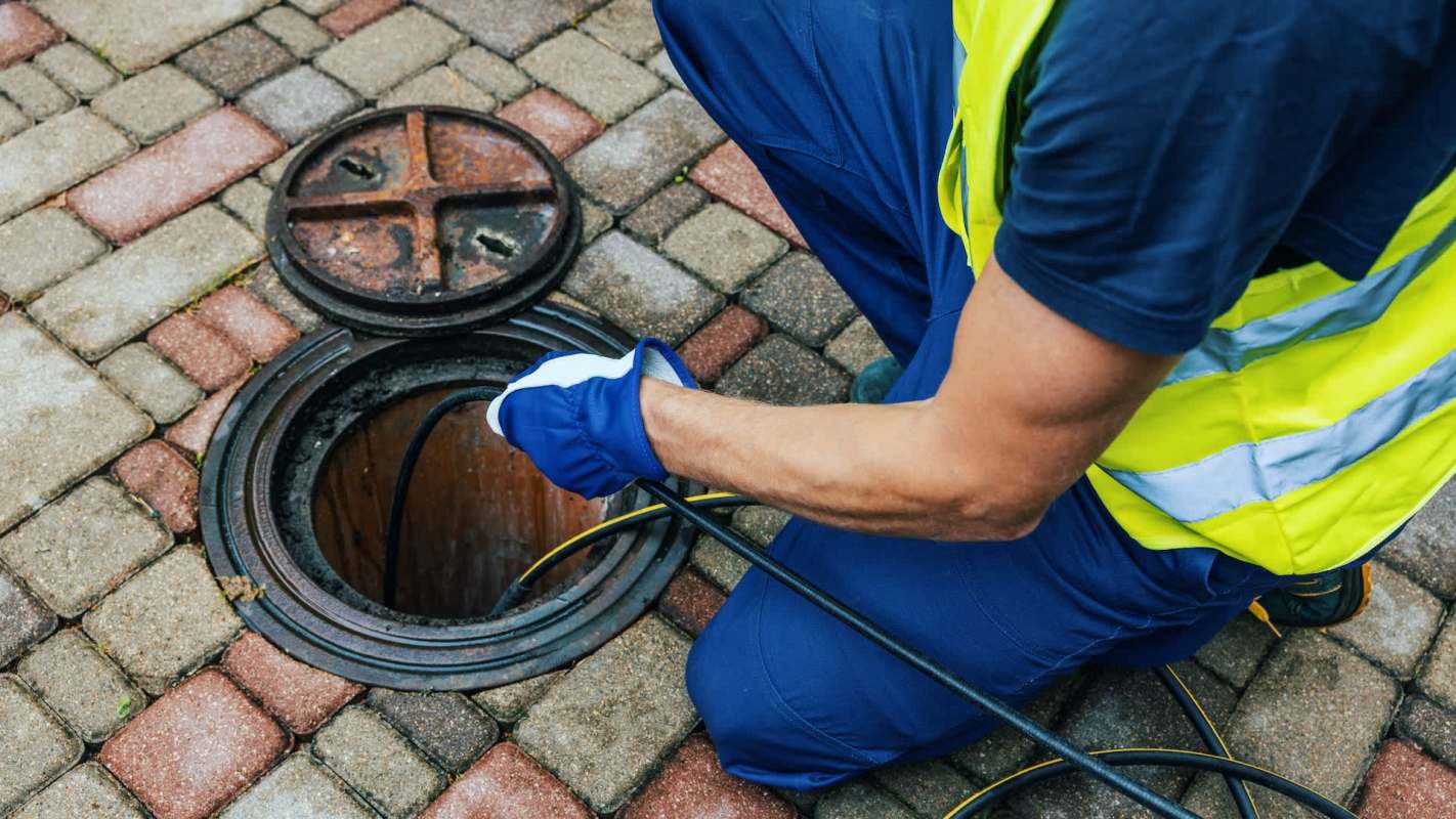 A worker uses a tool to inspect a manhole on a paved surface.