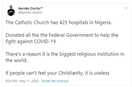 Nigerians heap praises on the Catholic church for donating all its 425 hospitals to FG as isolation centers