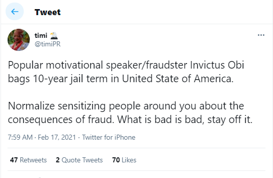 The painful thing is that he was giving motivational speeches to people struggling to make it legally - Nigerians react as Invictus Obi gets 10-year jail term for fraud in U.S.