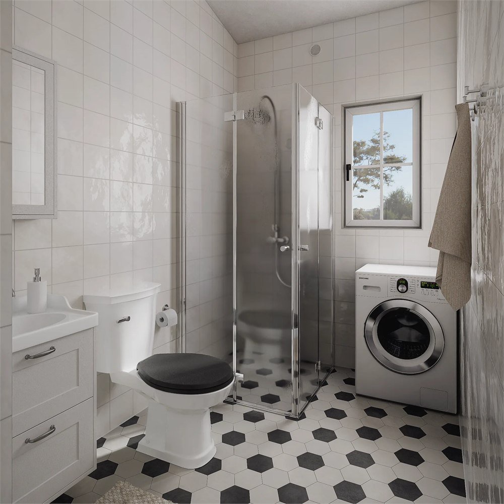 Illustrated bathroom with shower and optional washing machine