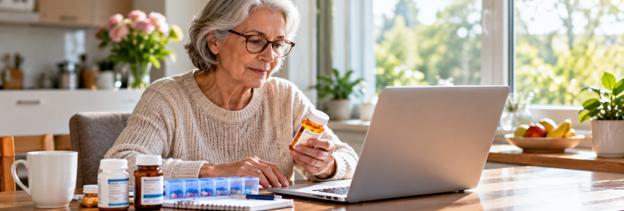 elderly woman looking at medication bottle and laptop on the table
