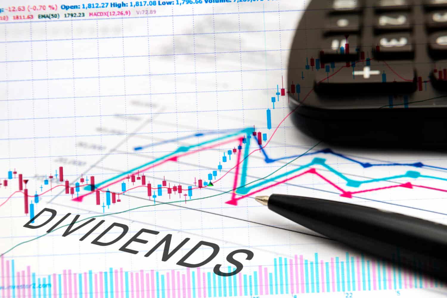 A close-up photograph of a white financial chart displaying red and blue candlestick patterns and blue, pink, and green trend lines on a grid. The word 'DIVIDENDS' is printed in large black letters diagonally across the lower left portion of the chart. A black calculator is partially visible in the upper right background, and a black pen with a gold tip rests in the lower right foreground, pointing towards the chart.
